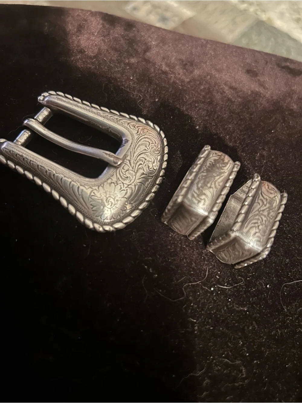Engraved Western-Style Silver Belt Buckle Set